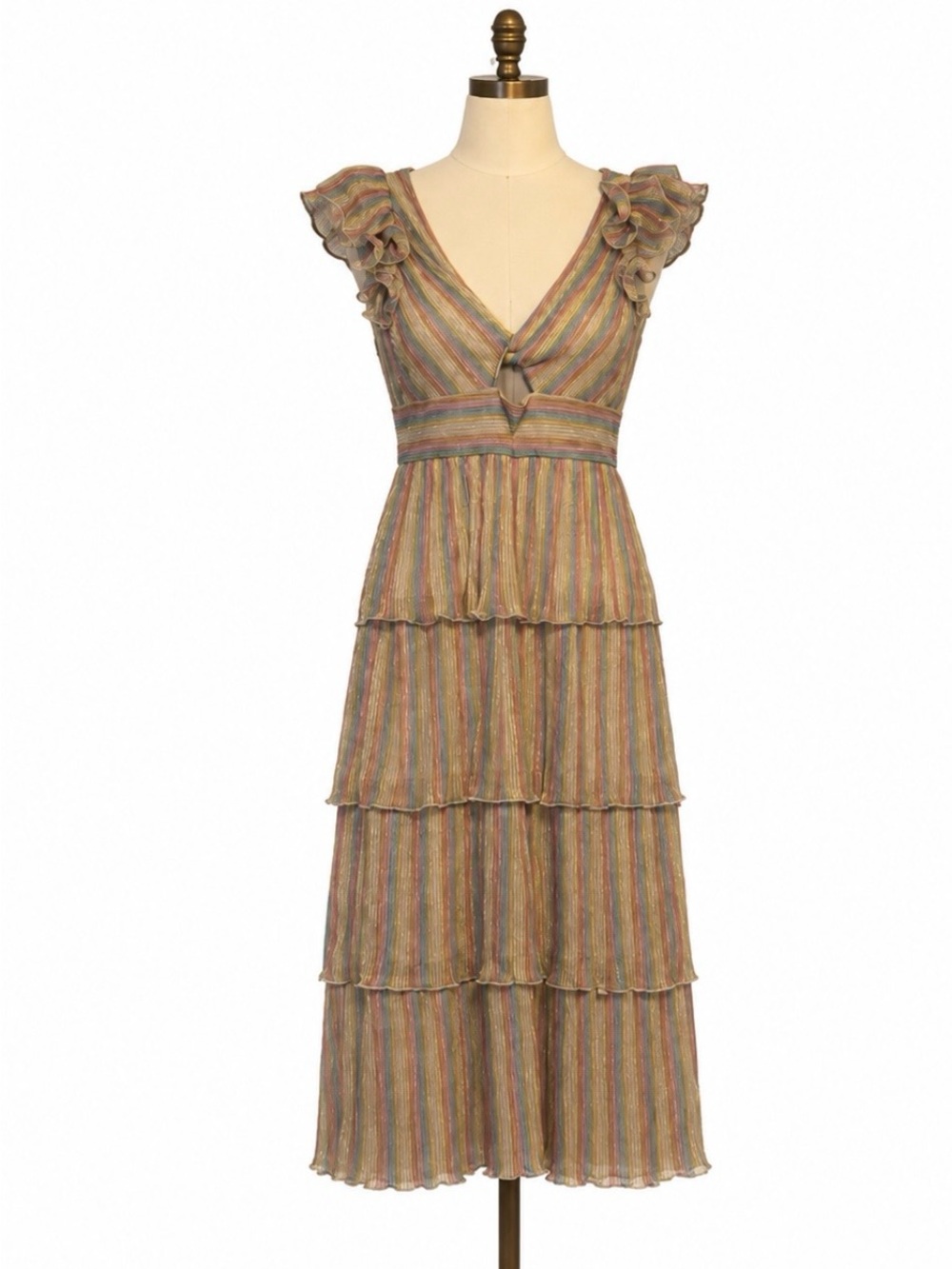 SAYLOR Sheen-y Multistripe Ruffled Sleeve Tiered Midi Dress - Neutral Multi